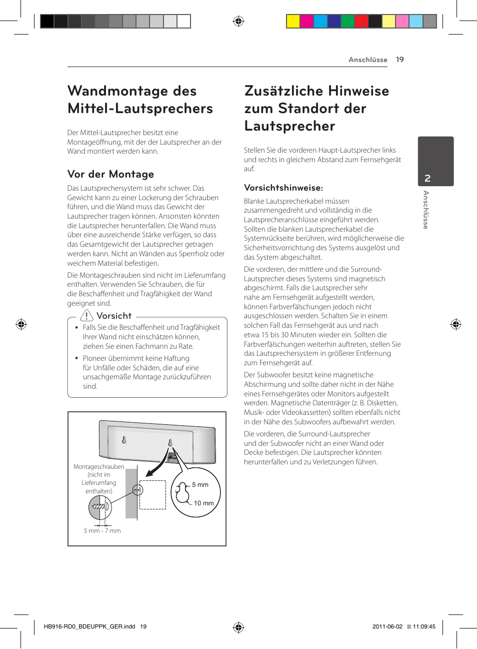 Wandmontage des mittel-lautsprechers, 19 – vor der montage 19, Zusätzliche hinweise zum standort der lautsprecher | Vor der montage | Pioneer BCS-313 User Manual | Page 165 / 436