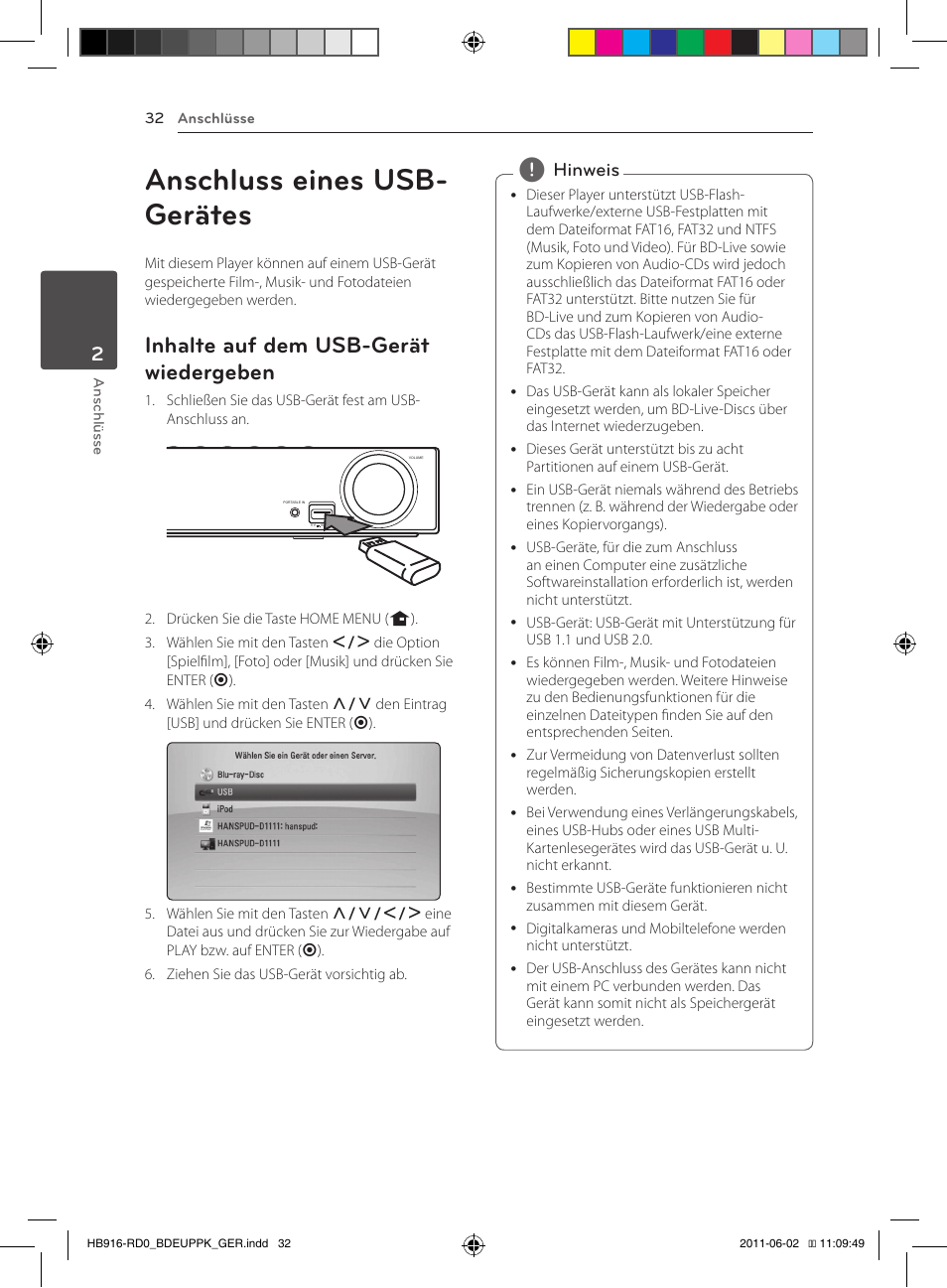 Wiedergeben, Anschluss eines usb- gerätes, Inhalte auf dem usb-gerät wiedergeben | Hinweis | Pioneer BCS-313 User Manual | Page 178 / 436