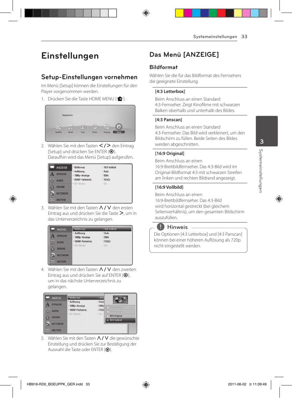 Einstellungen, Setup-einstellungen vornehmen, Das menü [anzeige | Pioneer BCS-313 User Manual | Page 179 / 436