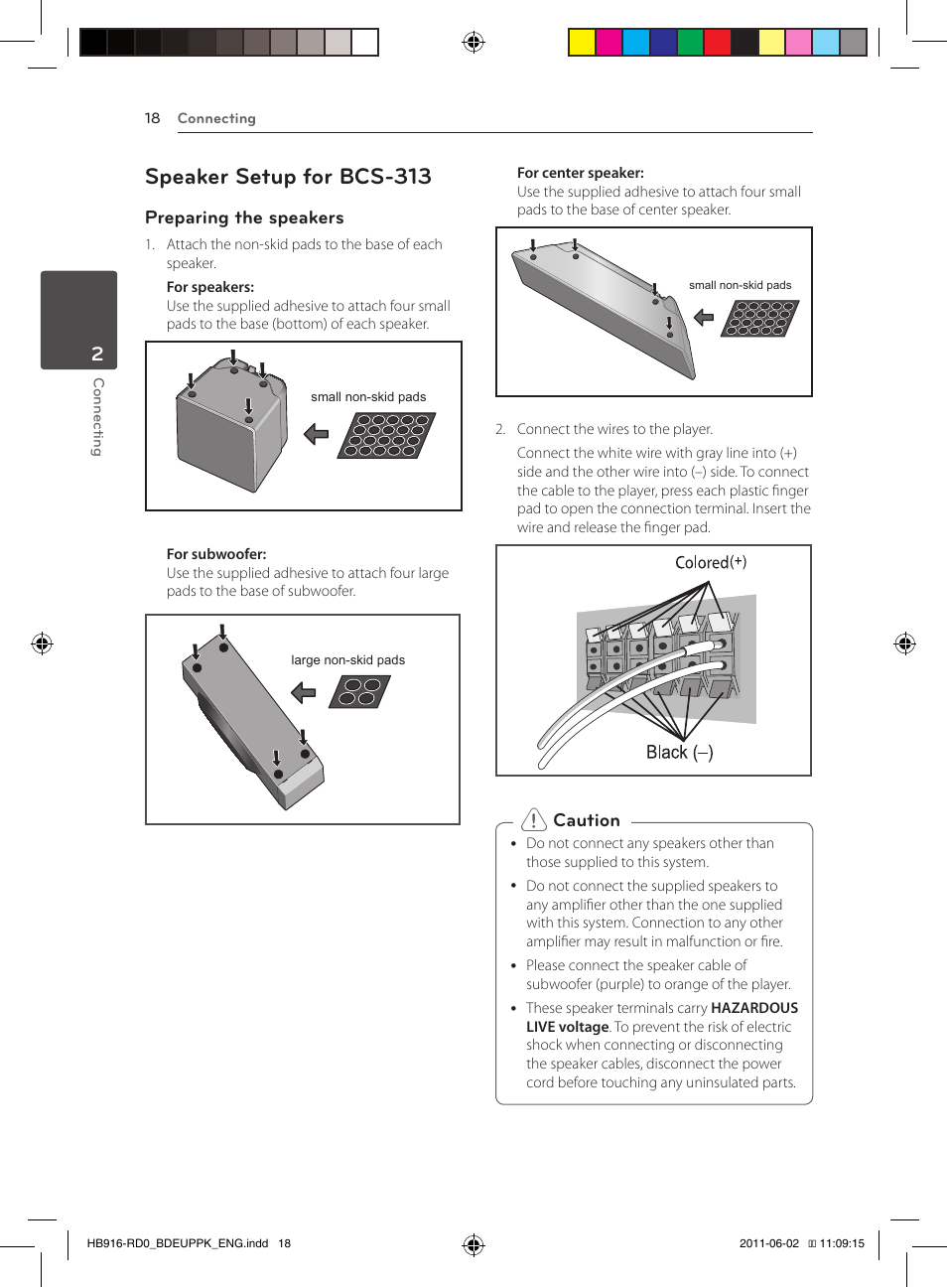 18 – speaker setup for bcs-313, Speaker setup for bcs-313, Preparing the speakers | Caution | Pioneer BCS-313 User Manual | Page 18 / 436