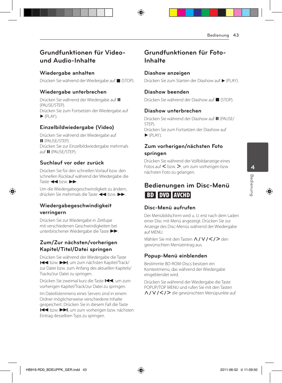 43 – grundfunktionen für video- und, Audio-inhalte, Grundfunktionen für video- und audio-inhalte | Grundfunktionen für foto- inhalte, Bedienungen im disc-menü ero | Pioneer BCS-313 User Manual | Page 189 / 436