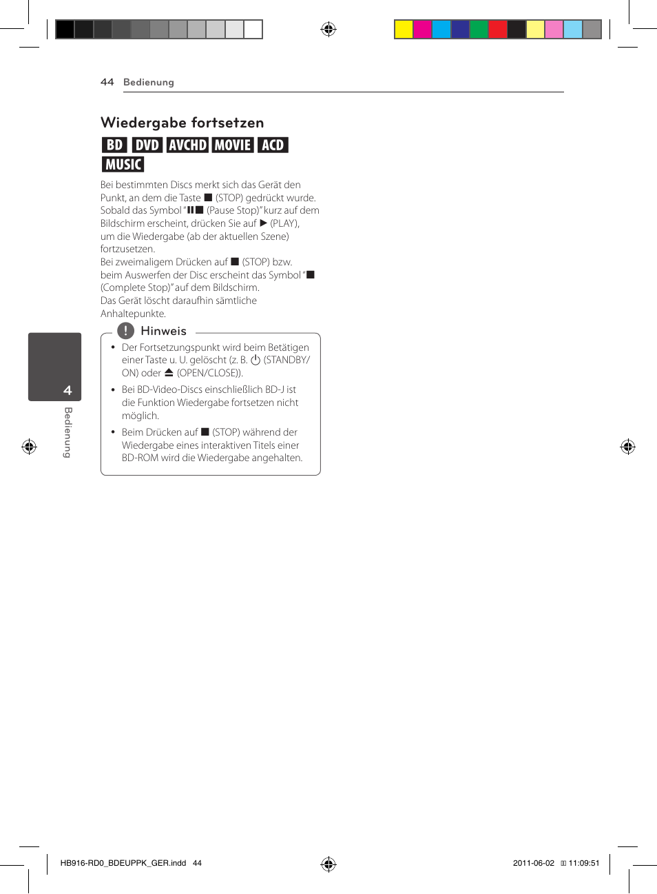 44 – wiedergabe fortsetzen, Wiedergabe fortsetzen eroyt, u | Pioneer BCS-313 User Manual | Page 190 / 436