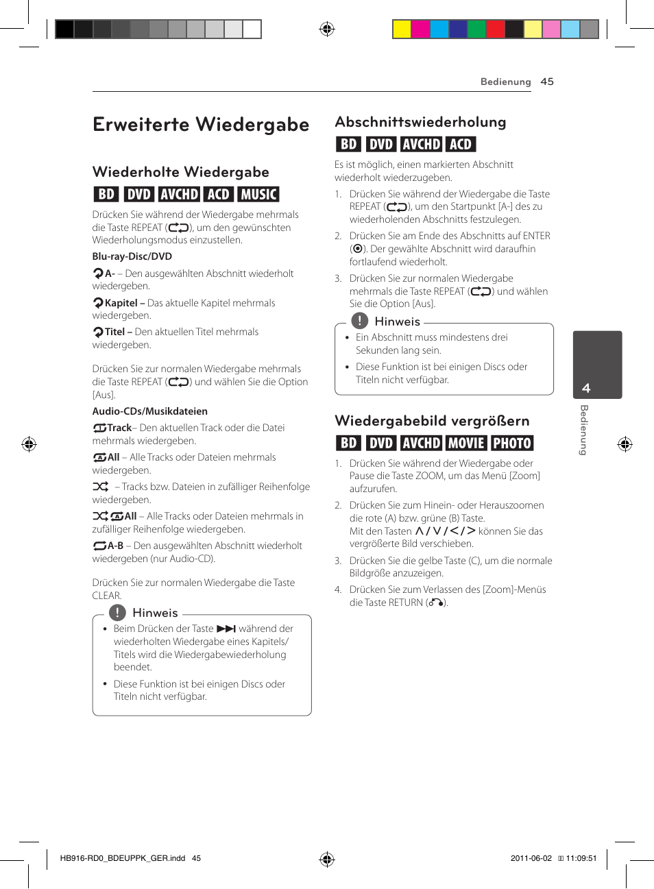 Erweiterte wiedergabe, Wiederholte wiedergabe erotu, Abschnittswiederholung erot | Wiedergabebild vergrößern eroyi | Pioneer BCS-313 User Manual | Page 191 / 436
