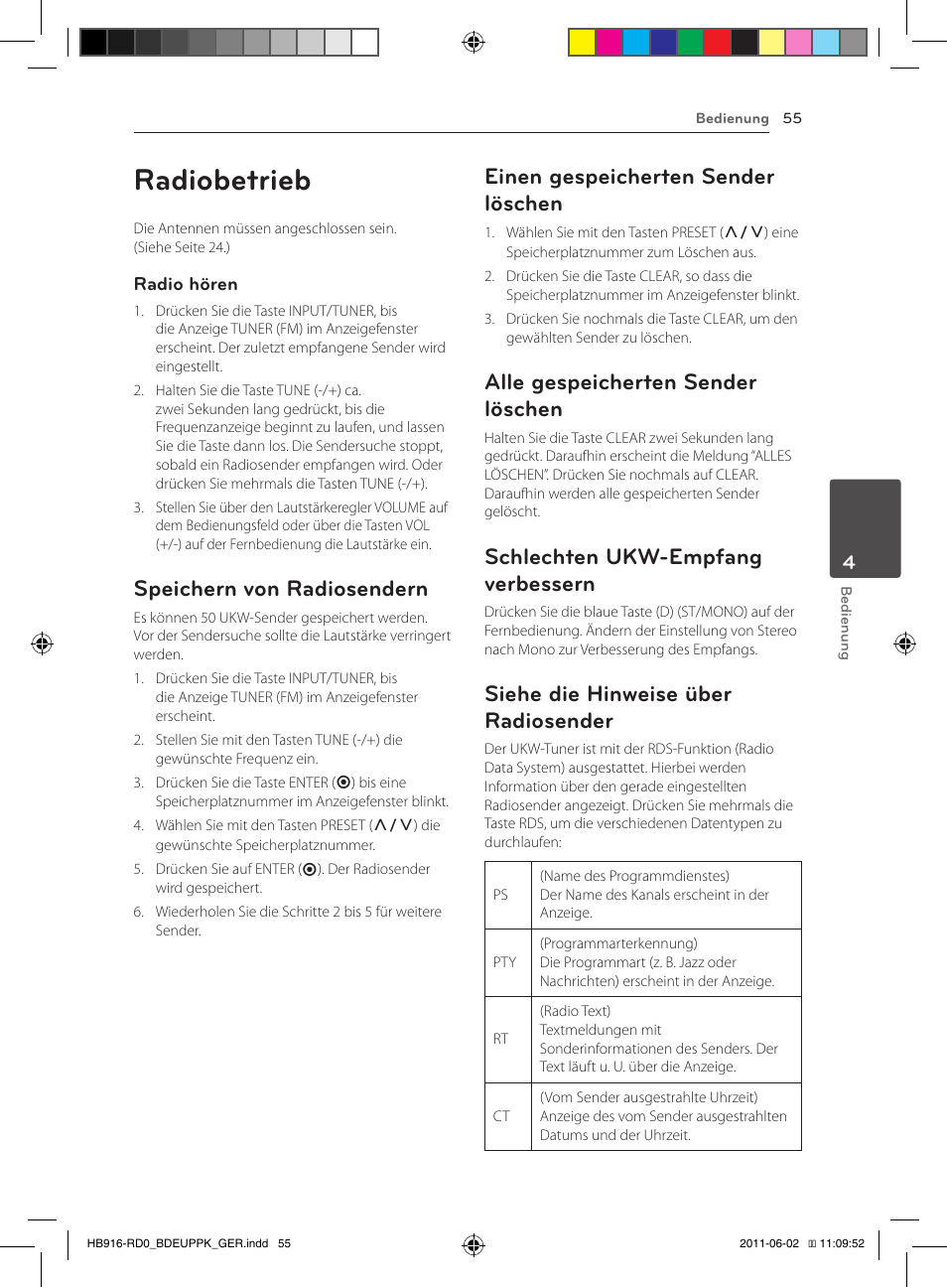 Verbessern, 55 – siehe die hinweise über radiosender, Radiobetrieb | Speichern von radiosendern, Einen gespeicherten sender löschen, Alle gespeicherten sender löschen, Schlechten ukw-empfang verbessern, Siehe die hinweise über radiosender | Pioneer BCS-313 User Manual | Page 201 / 436