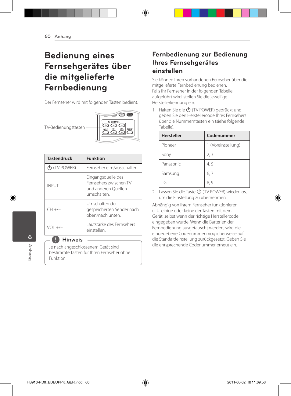 60 bedienung eines fernsehgerätes über die, Mitgelieferte fernbedienung, 60 – fernbedienung zur bedienung ihres | Fernsehgerätes einstellen | Pioneer BCS-313 User Manual | Page 206 / 436