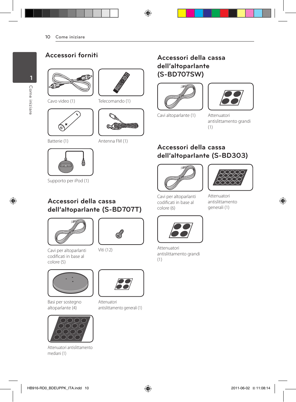 S-bd707t), 10 – accessori della cassa dell’altoparlante, S-bd707sw) | S-bd303), Accessori forniti, Accessori della cassa dell’altoparlante (s-bd707t), Accessori della cassa dell’altoparlante (s-bd303) | Pioneer BCS-313 User Manual | Page 226 / 436