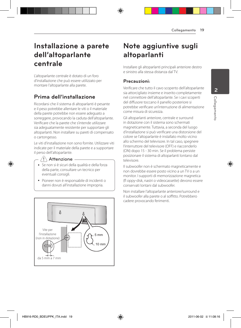 Installazione a parete dell’altoparlante centrale, 19 – prima dell’installazione 19, Note aggiuntive sugli altoparlanti | Prima dell’installazione | Pioneer BCS-313 User Manual | Page 235 / 436