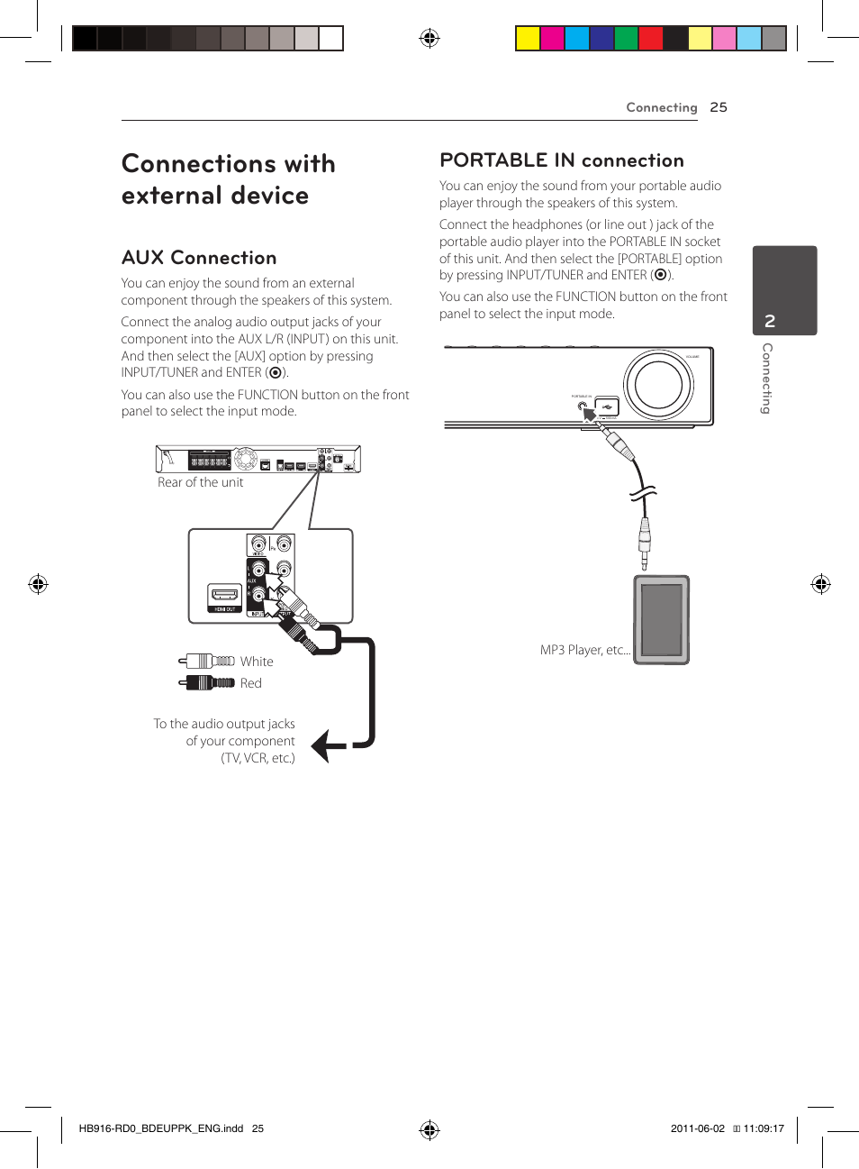 Connections with external device, Aux connection, Portable in connection | Pioneer BCS-313 User Manual | Page 25 / 436