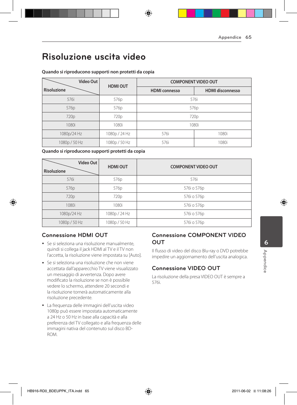 65 risoluzione uscita video, Risoluzione uscita video, Connessione hdmi out | Connessione component video out, Connessione video out | Pioneer BCS-313 User Manual | Page 281 / 436