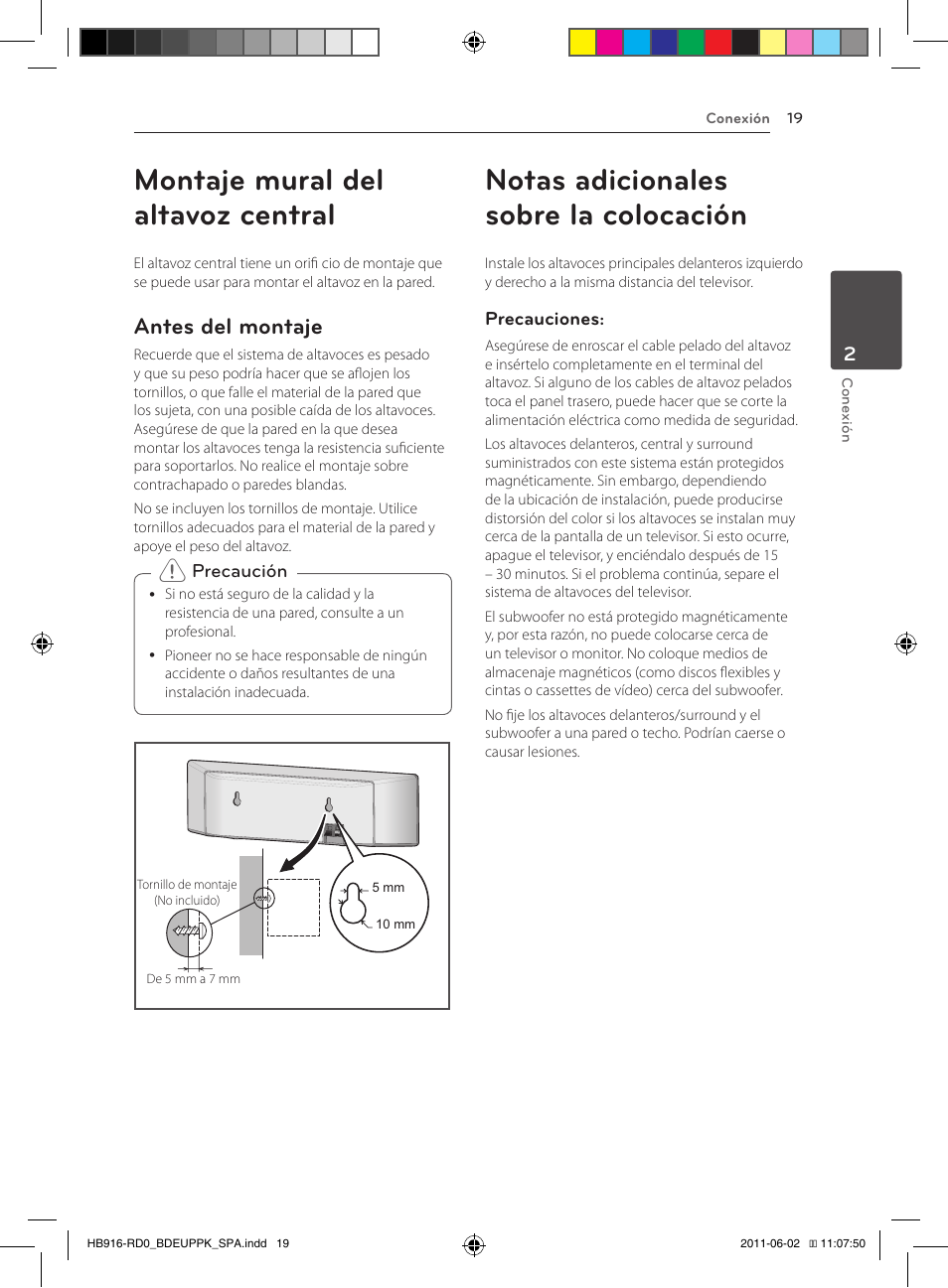 Montaje mural del altavoz central, 19 – antes del montaje 19, Notas adicionales sobre la colocación | Antes del montaje | Pioneer BCS-313 User Manual | Page 305 / 436