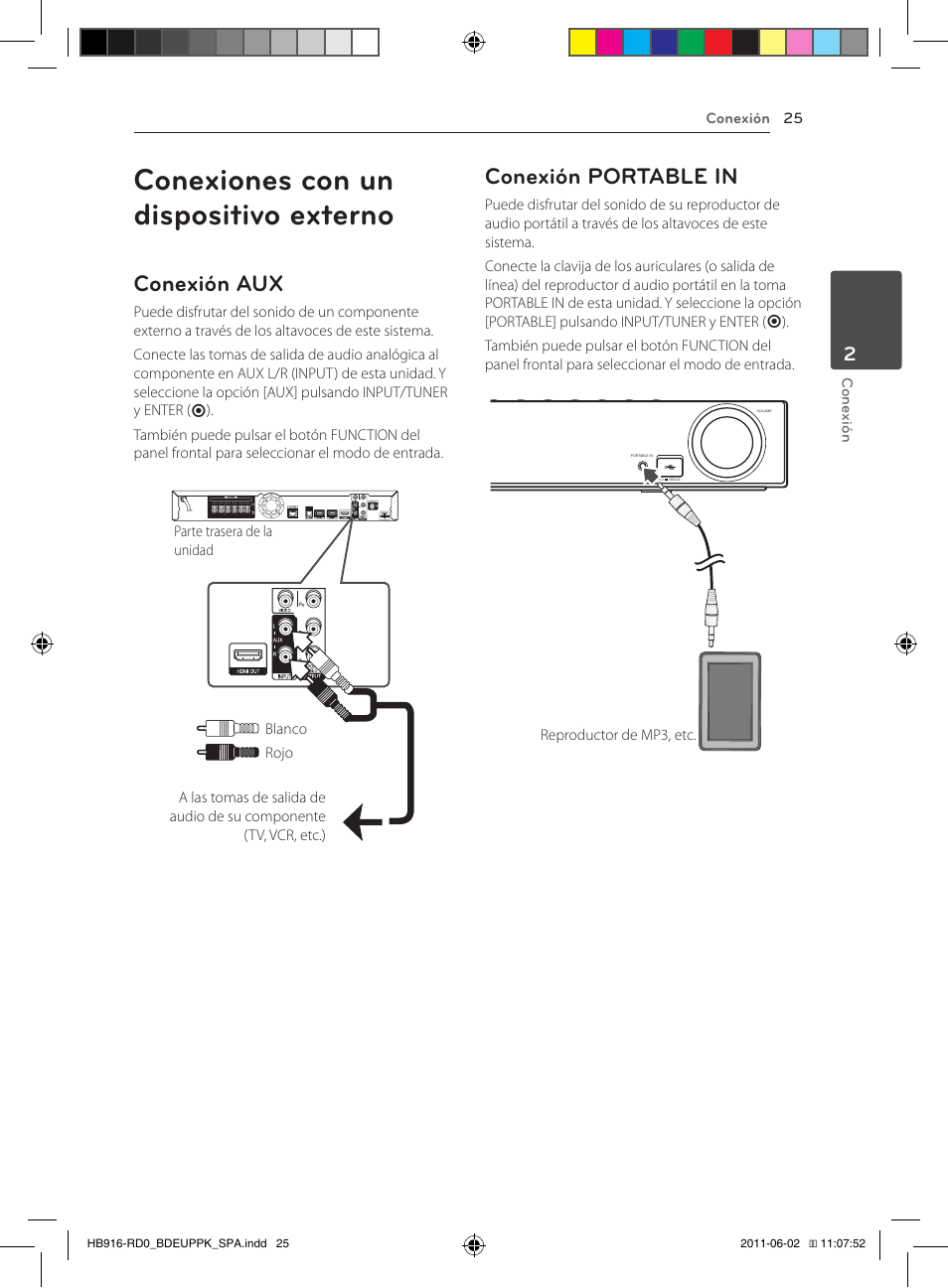 Conexiones con un dispositivo externo, Conexión aux, Conexión portable in | Pioneer BCS-313 User Manual | Page 311 / 436