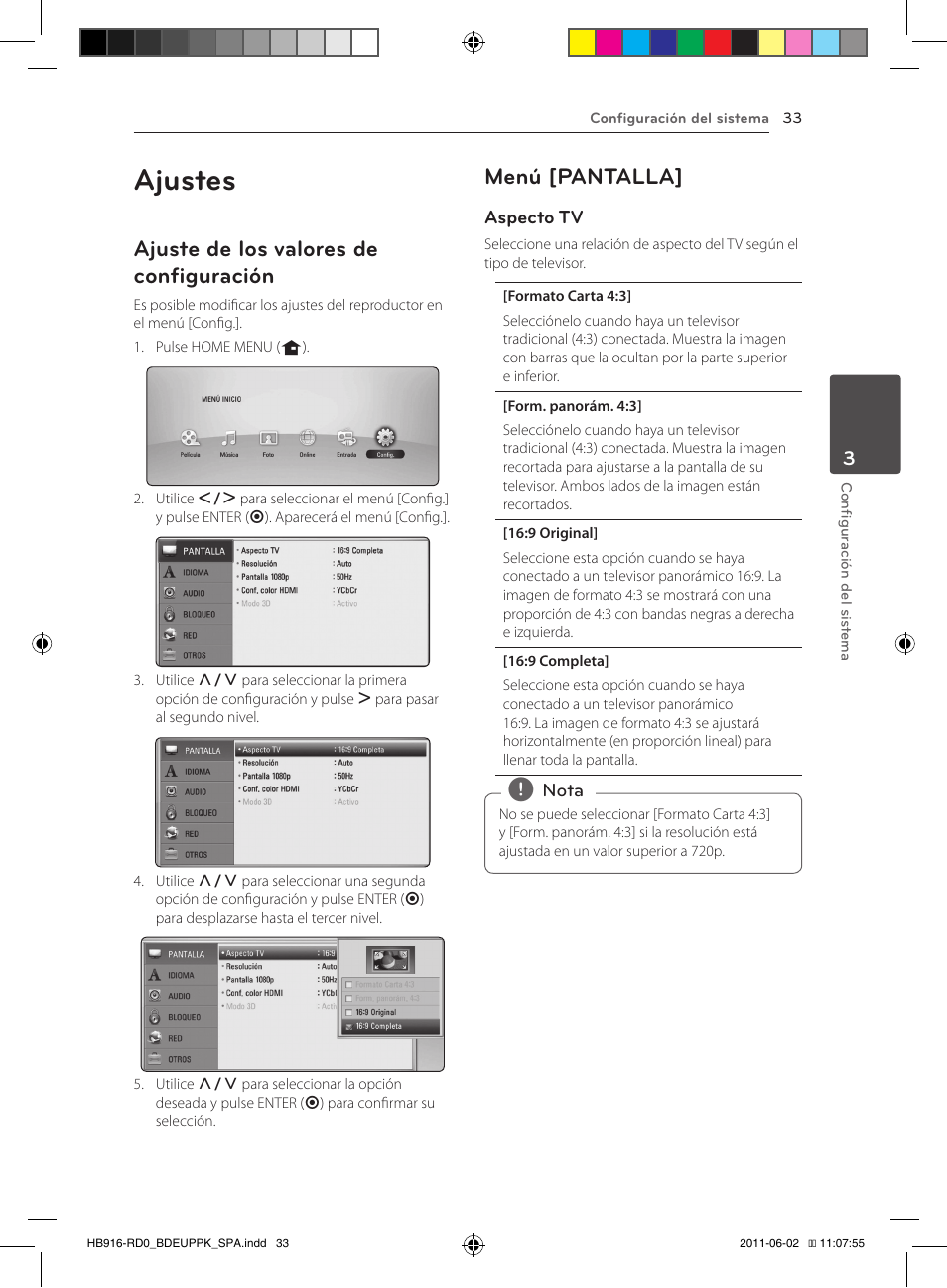 Ajustes, Ajuste de los valores de configuración, Menú [pantalla | Pioneer BCS-313 User Manual | Page 319 / 436