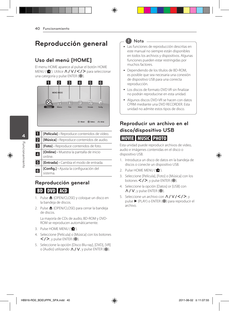 Dispositivo usb, Reproducción general, Uso del menú [home | Reproducción general ert | Pioneer BCS-313 User Manual | Page 326 / 436