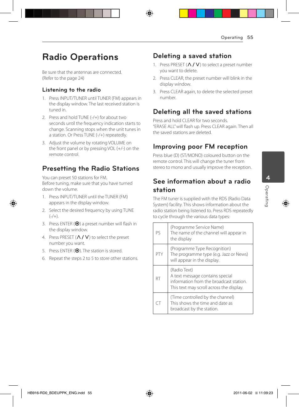Radio operations, Presetting the radio stations, Deleting a saved station | Deleting all the saved stations, Improving poor fm reception, See information about a radio station | Pioneer BCS-313 User Manual | Page 55 / 436