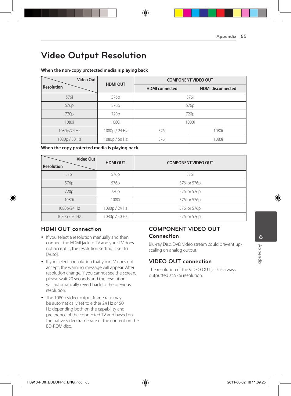 65 video output resolution, Video output resolution, Hdmi out connection | Component video out connection, Video out connection | Pioneer BCS-313 User Manual | Page 65 / 436