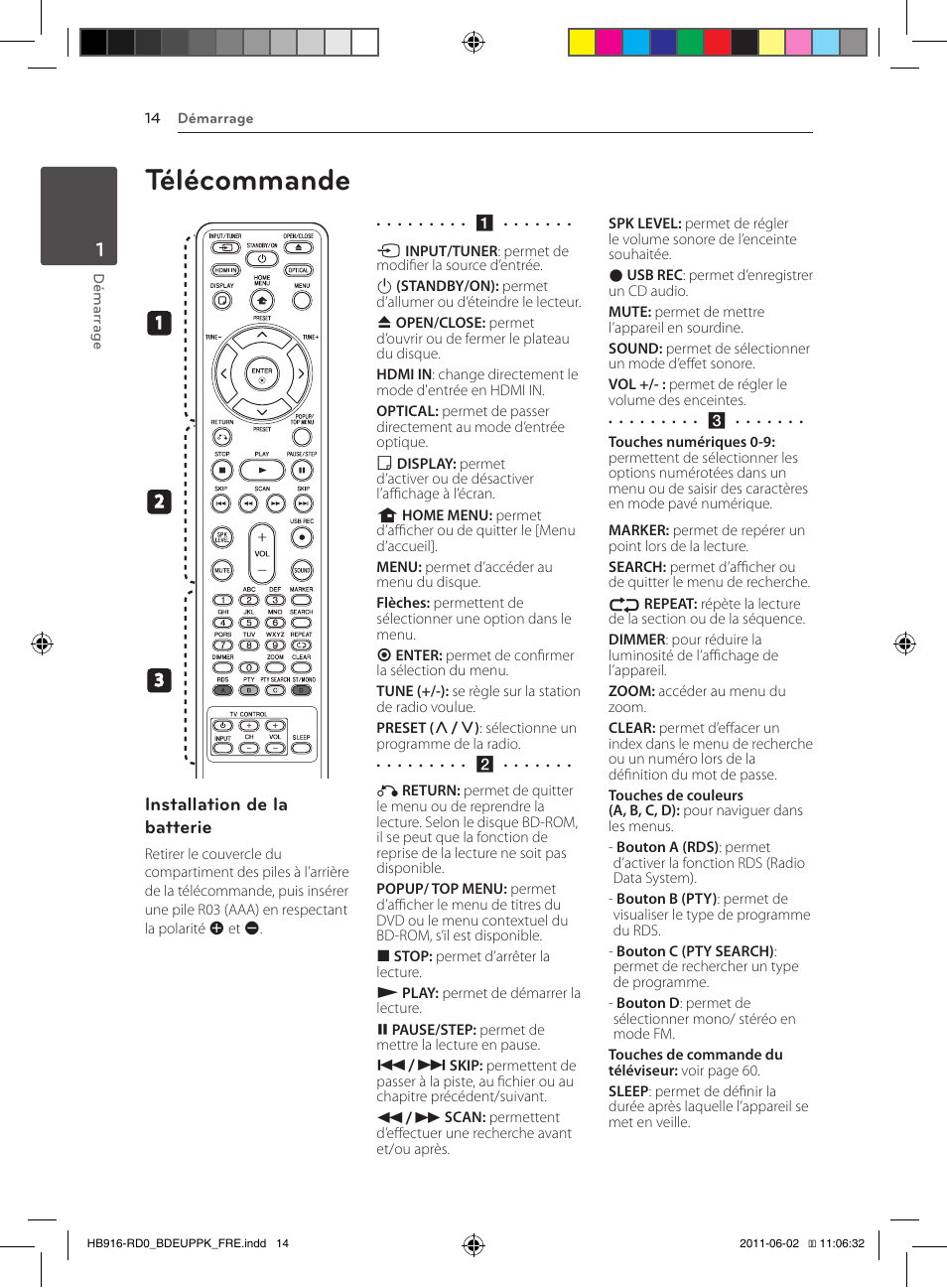Télécommande, Installation de la batterie | Pioneer BCS-313 User Manual | Page 84 / 436