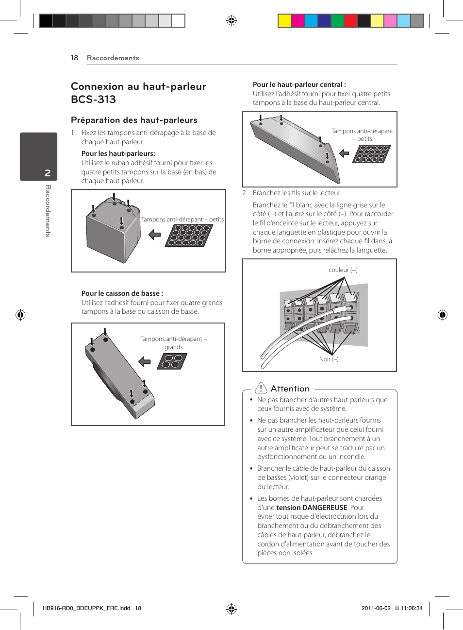 18 – connexion au haut-parleur bcs-313, Connexion au haut-parleur bcs-313, Préparation des haut-parleurs | Attention | Pioneer BCS-313 User Manual | Page 88 / 436