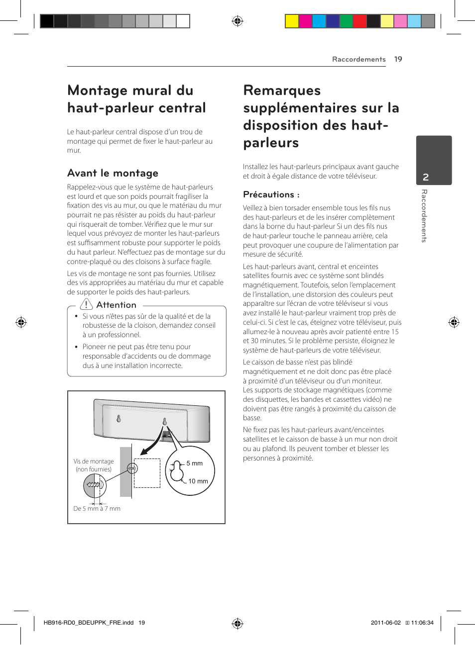 Montage mural du haut-parleur central, 19 – avant le montage 19, Avant le montage | Pioneer BCS-313 User Manual | Page 89 / 436