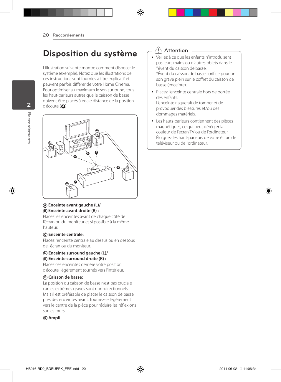 20 disposition du système, Disposition du système, Attention | Raccordements 20 r ac cor demen ts, Enceinte avant gauche (l), Enceinte surround gauche (l) | Pioneer BCS-313 User Manual | Page 90 / 436