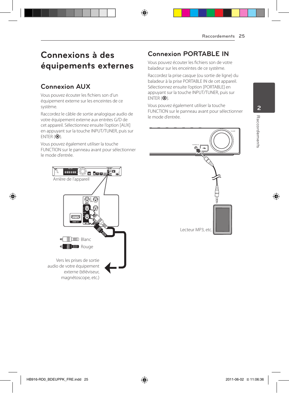 Connexions à des équipements externes, Connexion aux, Connexion portable in | Pioneer BCS-313 User Manual | Page 95 / 436