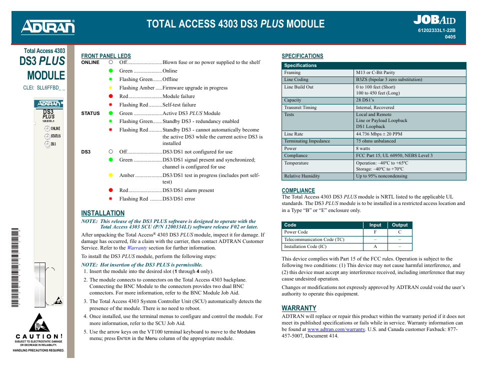 ADTRAN DS3 User Manual | 2 pages