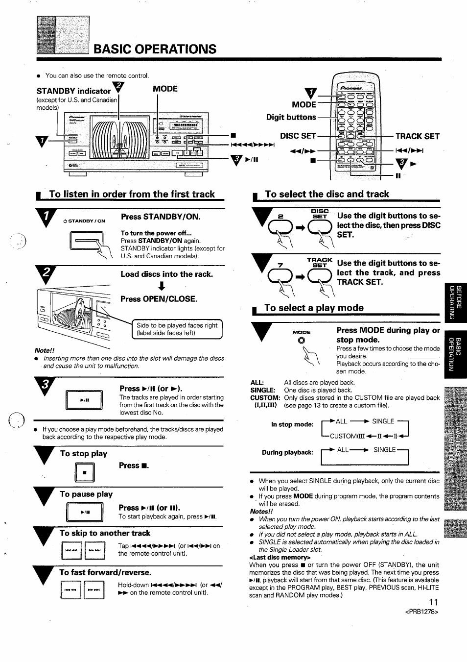 To listen in order from the first track, Press standby/on, To turn the power off | Load discs into the rack, Press open/close, Press ►/!! (or ►), To stop play, Press i, To pause play, Press ►/■■ (or ii) | Pioneer PD-F958 User Manual | Page 11 / 22