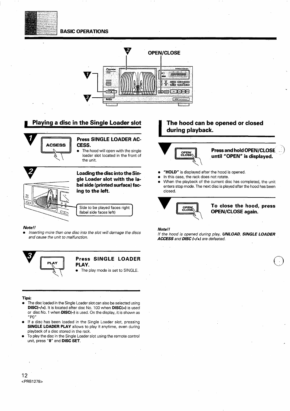 Acsess, The hood can be opened or closed during playback, Tips | The hood can be opened or dosed during playback | Pioneer PD-F958 User Manual | Page 12 / 22