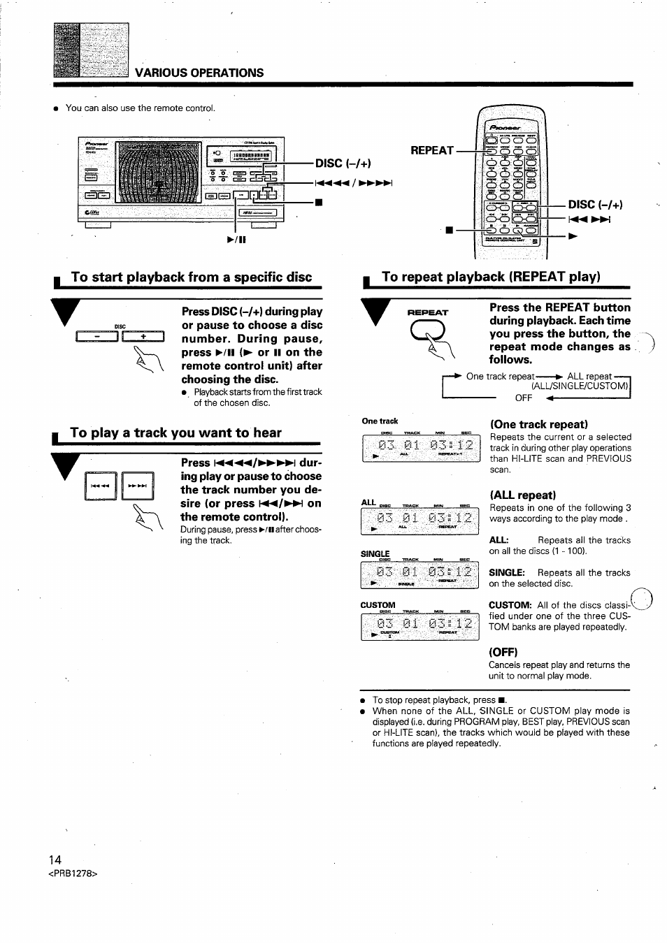 To start playback from a specific disc, To play a track you want to hear, To repeat playback (repeat play) | Various operations | Pioneer PD-F958 User Manual | Page 14 / 22