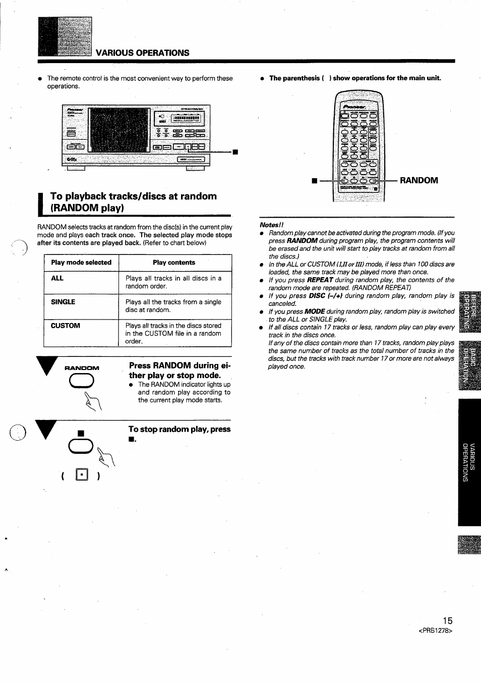 To playback tracks/discs at random (random play), Press random during either play or stop mode, To stop random play, press | To playback,tracks/discs at random, Oot o | Pioneer PD-F958 User Manual | Page 15 / 22