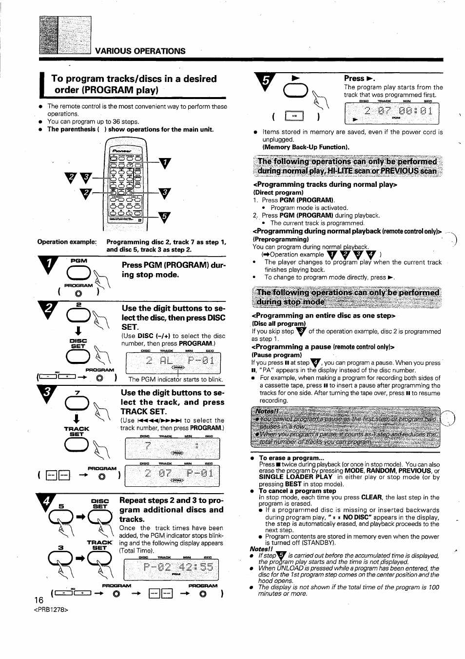 To erase a program, To program tracks/discs in a desired order, Various operations | V v v v | Pioneer PD-F958 User Manual | Page 16 / 22