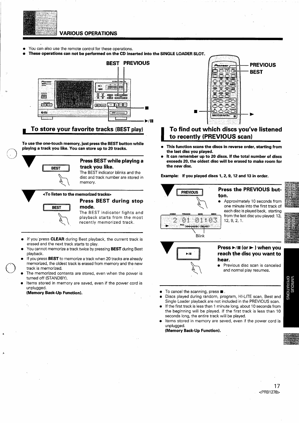 Best previous, To store your favorite tracks (best play), Best | Press best while playing a track you like, To listen to the memorized tracks, Press best during stop, Mode, Previous, Press the previous button | Pioneer PD-F958 User Manual | Page 17 / 22