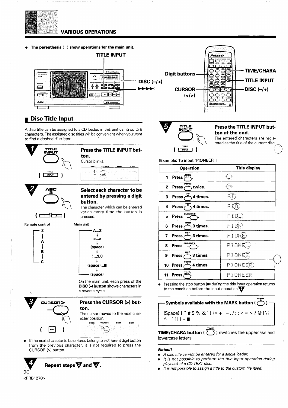 Example: to input "pioneer, 1 press i, 2 press twice | 3 press, 4 times, 4 press 4 times, 5 press, 6 press 3 times, 7 press i, 3 times | Pioneer PD-F958 User Manual | Page 18 / 22