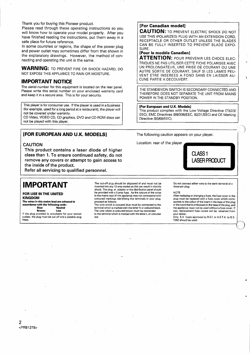 Important notice, For canadian model, Pour le modèle canadien | For european and u.k. models, For use in the united kingdom, Important, Warning, Caution, Attention | Pioneer PD-F958 User Manual | Page 2 / 22