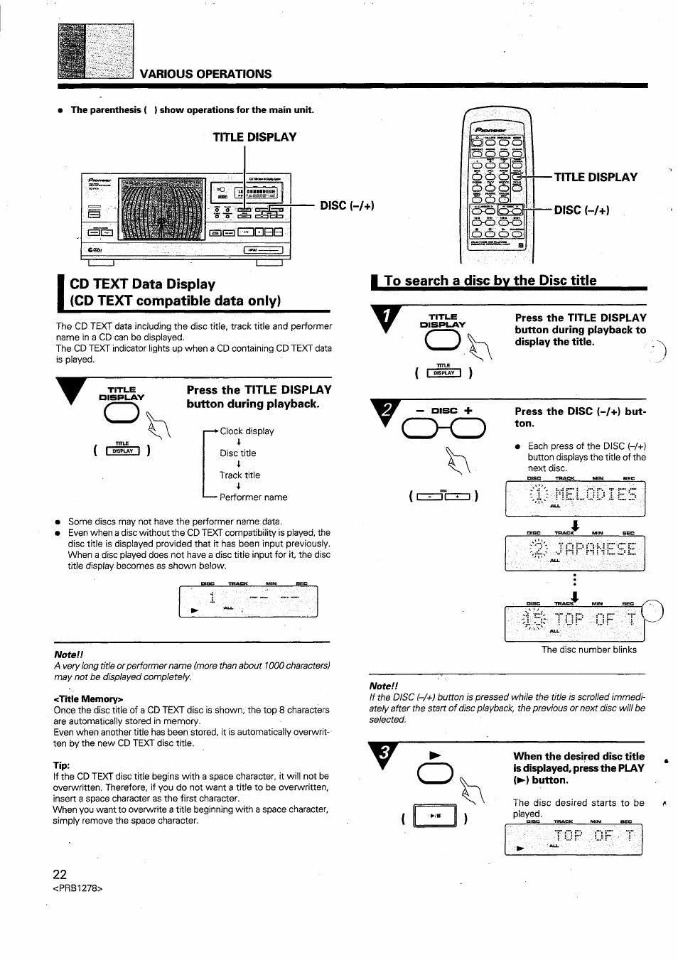 Title display, Disc (-/+), Cd text data display | Cd text compatible data only), Press the title display button during playback, Title memory, Title display ■disc(-/+) | Pioneer PD-F958 User Manual | Page 20 / 22