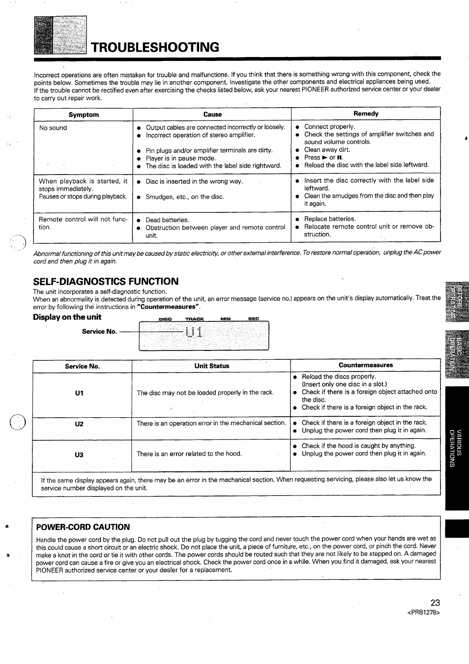 Self-diagnostics function, Display on the unit, Service no | Power-cord caution, Troubleshooting | Pioneer PD-F958 User Manual | Page 21 / 22