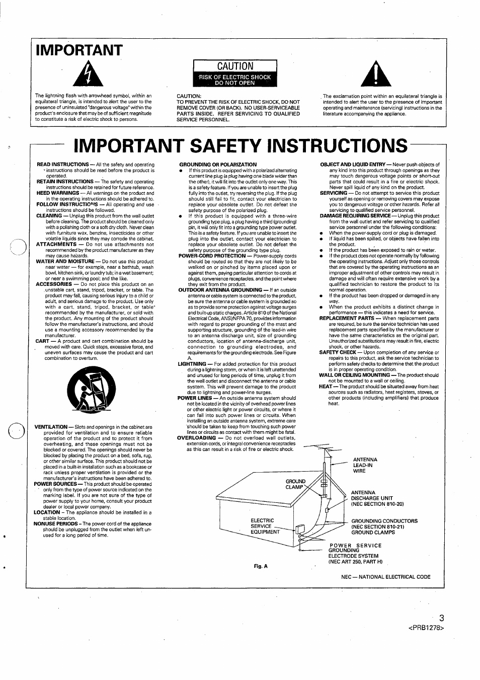 Important safety instructions, Important, Caution | Pioneer PD-F958 User Manual | Page 3 / 22