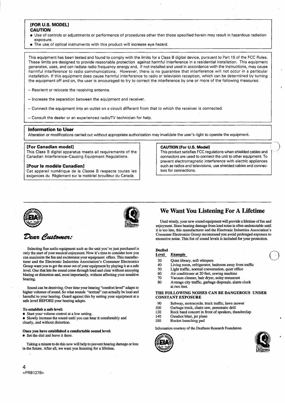 For u.s. model, Caution, Information to user | For canadian model, Pour le modèle canadien, Caution [for u.s. model, We want you listening for a lifetime, To establish a safe level | Pioneer PD-F958 User Manual | Page 4 / 22
