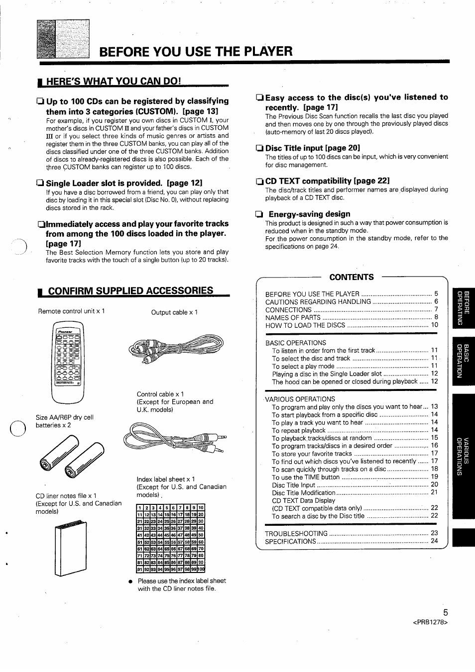 Before you use the player, Kerens what you can do, Confirm supplied accessories | Pioneer PD-F958 User Manual | Page 5 / 22
