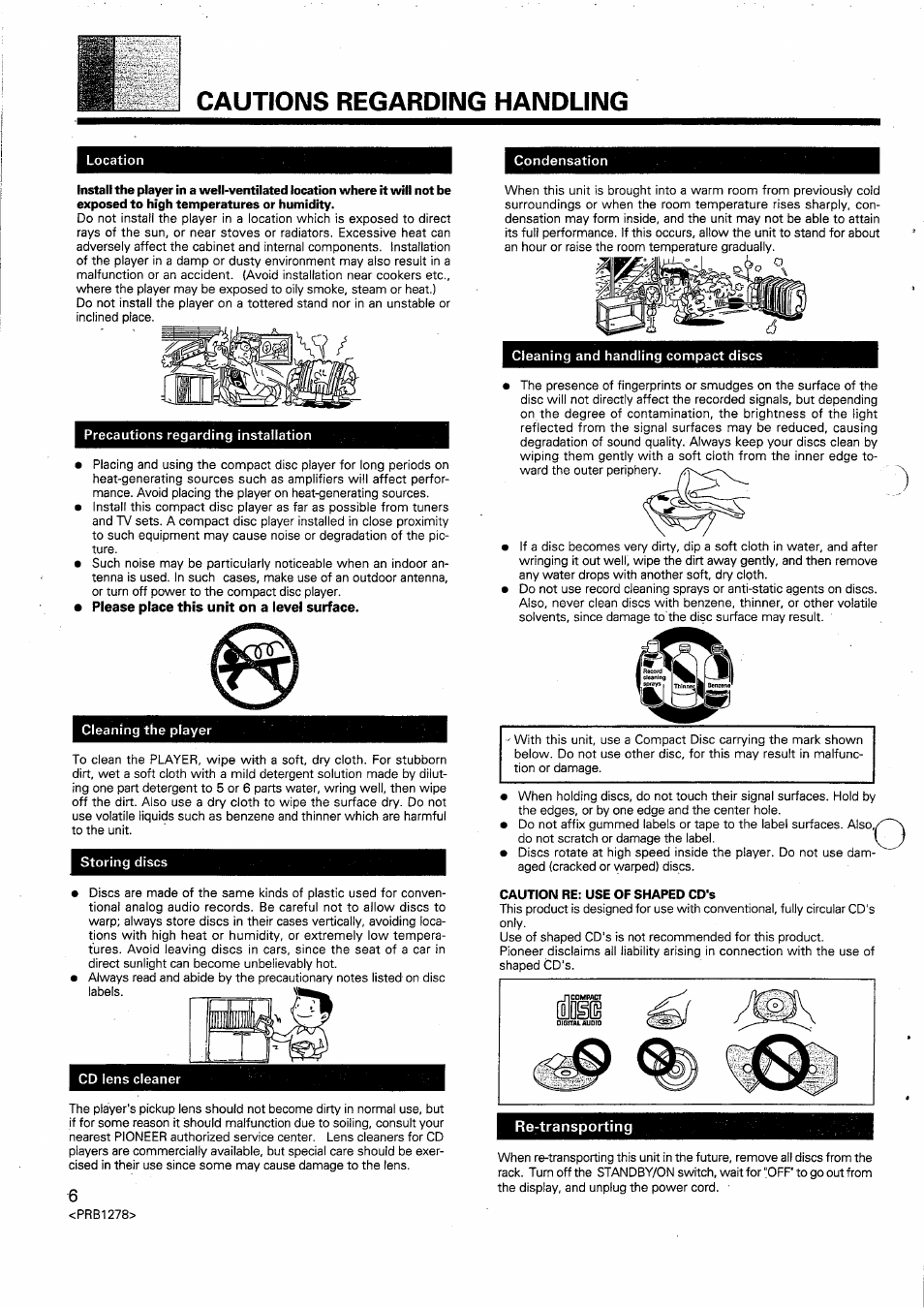 Caution re; use of shaped cd's, Re-transporting, Cautions regarding handling | Pioneer PD-F958 User Manual | Page 6 / 22