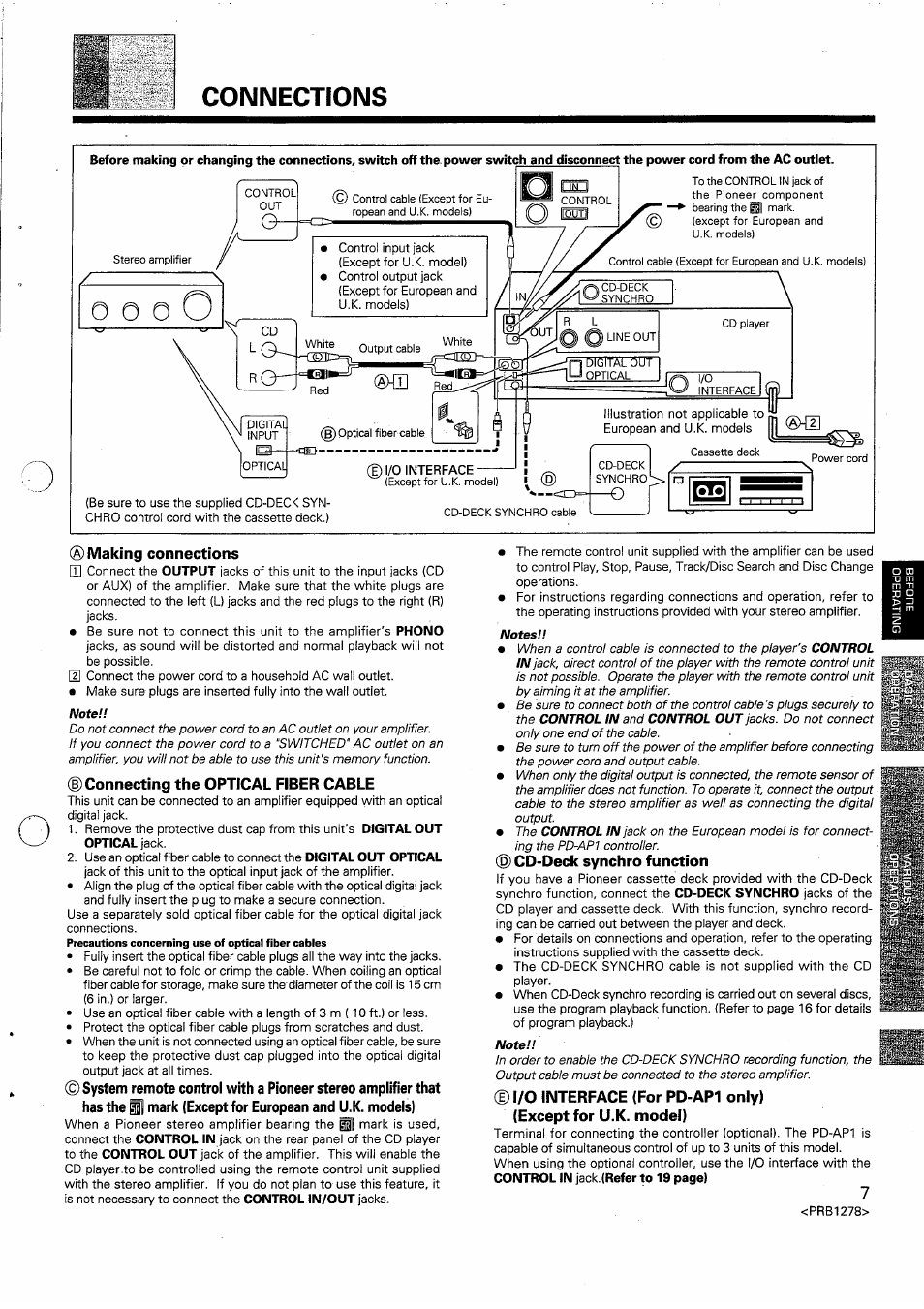 A) making connections, Connecting the optical fiber cable, Cd-deck synchro function | I/o interface (for pd-ap1 only), Except for u.k. model), Connections, Making connections | Pioneer PD-F958 User Manual | Page 7 / 22