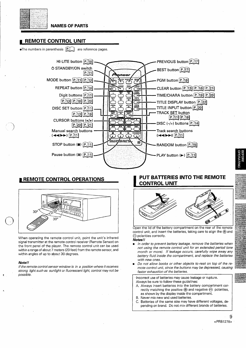 Mames of parts, Remote controlunit, Remote control operations | Put batteries into the remote control unit | Pioneer PD-F958 User Manual | Page 9 / 22