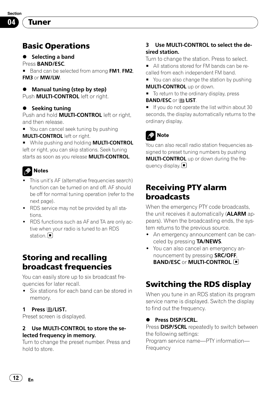 Tuner basic operations, Storing and recalling broadcast, Frequencies | Receiving pty alarm broadcasts, Switching the rds display, Basic operations, Storing and recalling broadcast frequencies, Tuner | Pioneer DEH-6100BT User Manual | Page 12 / 56