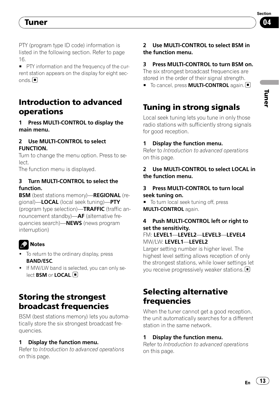 Introduction to advanced operations, Storing the strongest broadcast, Frequencies | Tuning in strong signals, Selecting alternative frequencies, Storing the strongest broadcast frequencies, Tuner | Pioneer DEH-6100BT User Manual | Page 13 / 56