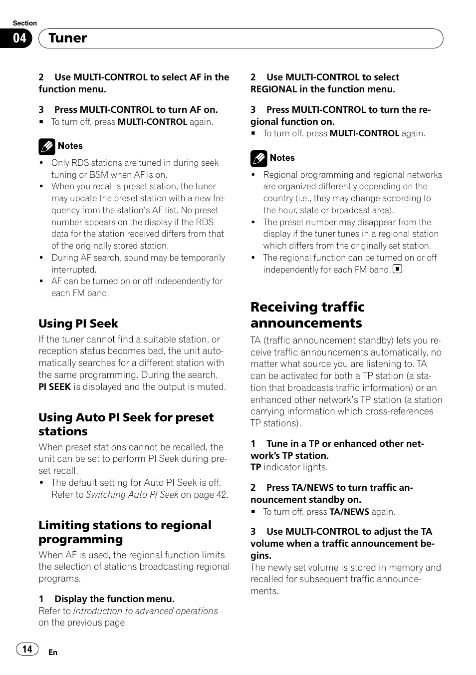 Using pi seek 14, Using auto pi seek for preset, Stations | Limiting stations to regional, Programming, Receiving traffic announcements, Tuner, Using pi seek, Using auto pi seek for preset stations, Limiting stations to regional programming | Pioneer DEH-6100BT User Manual | Page 14 / 56