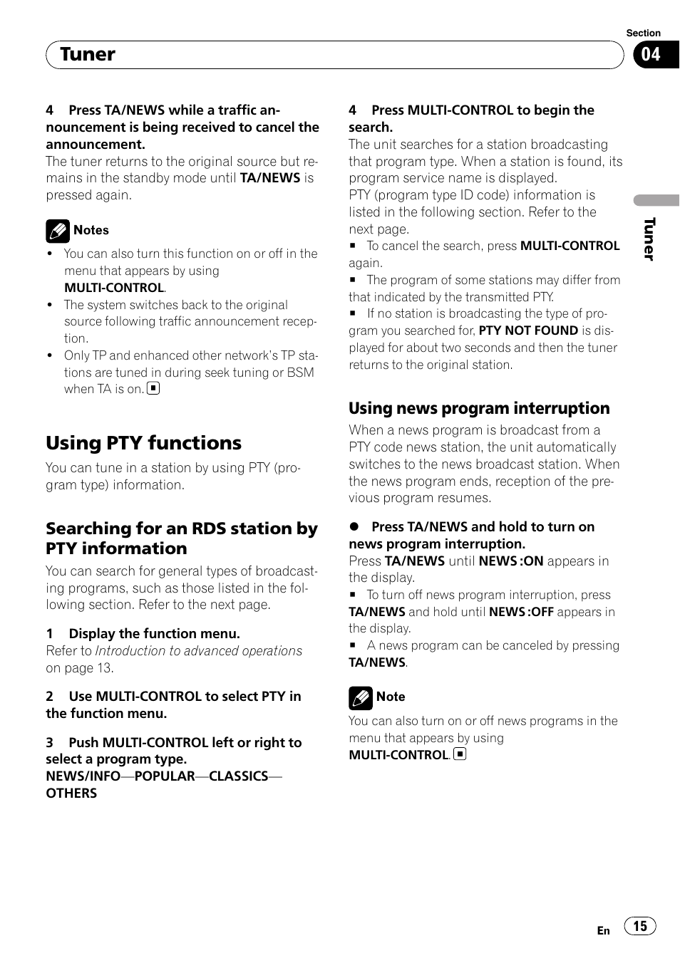 Using pty functions, Searching for an rds station by pty, Information | Using news program interruption 15, Tuner, Searching for an rds station by pty information, Using news program interruption | Pioneer DEH-6100BT User Manual | Page 15 / 56