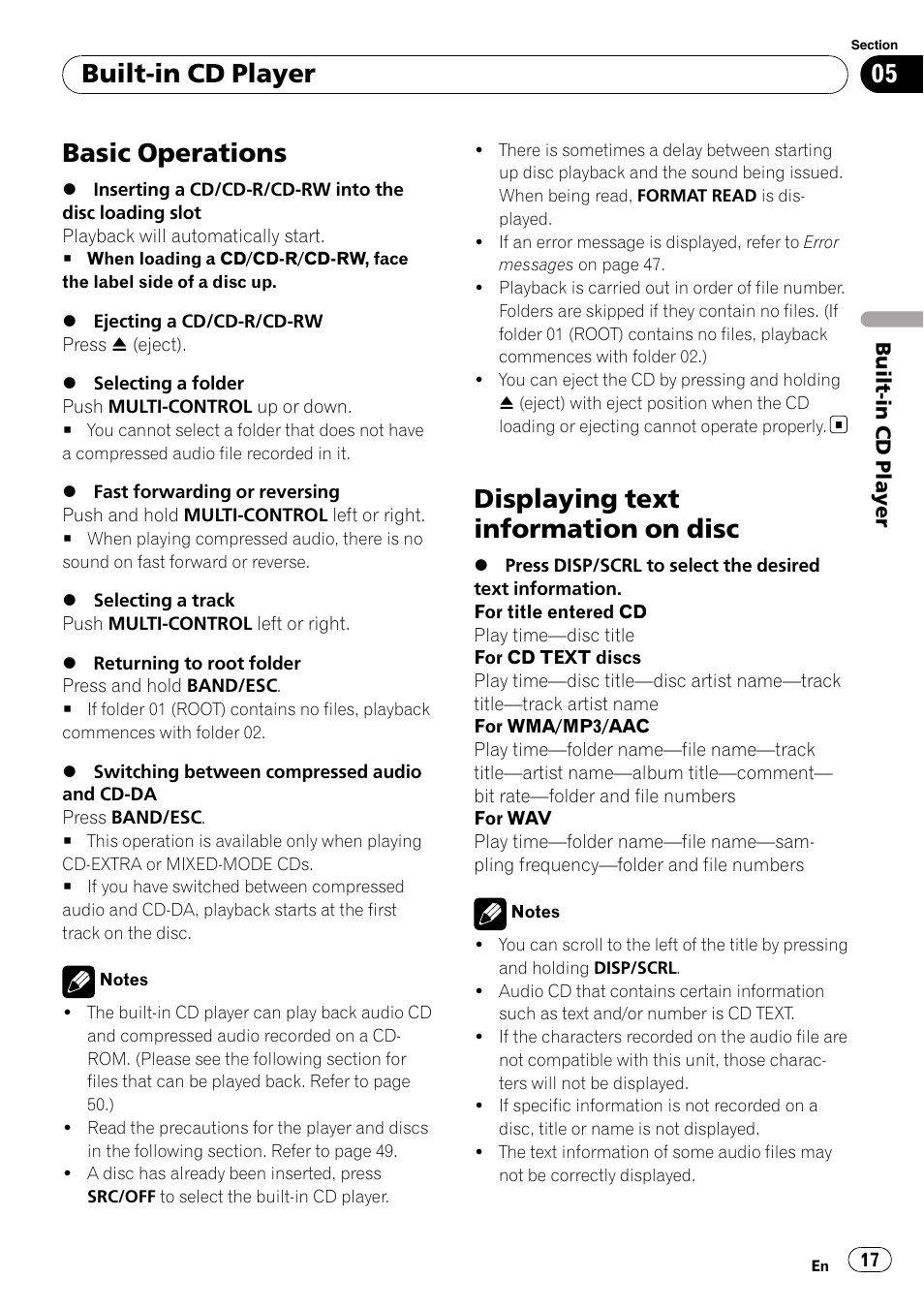 Built-in cd player basic operations, Displaying text information on disc, Basic operations | Built-in cd player | Pioneer DEH-6100BT User Manual | Page 17 / 56