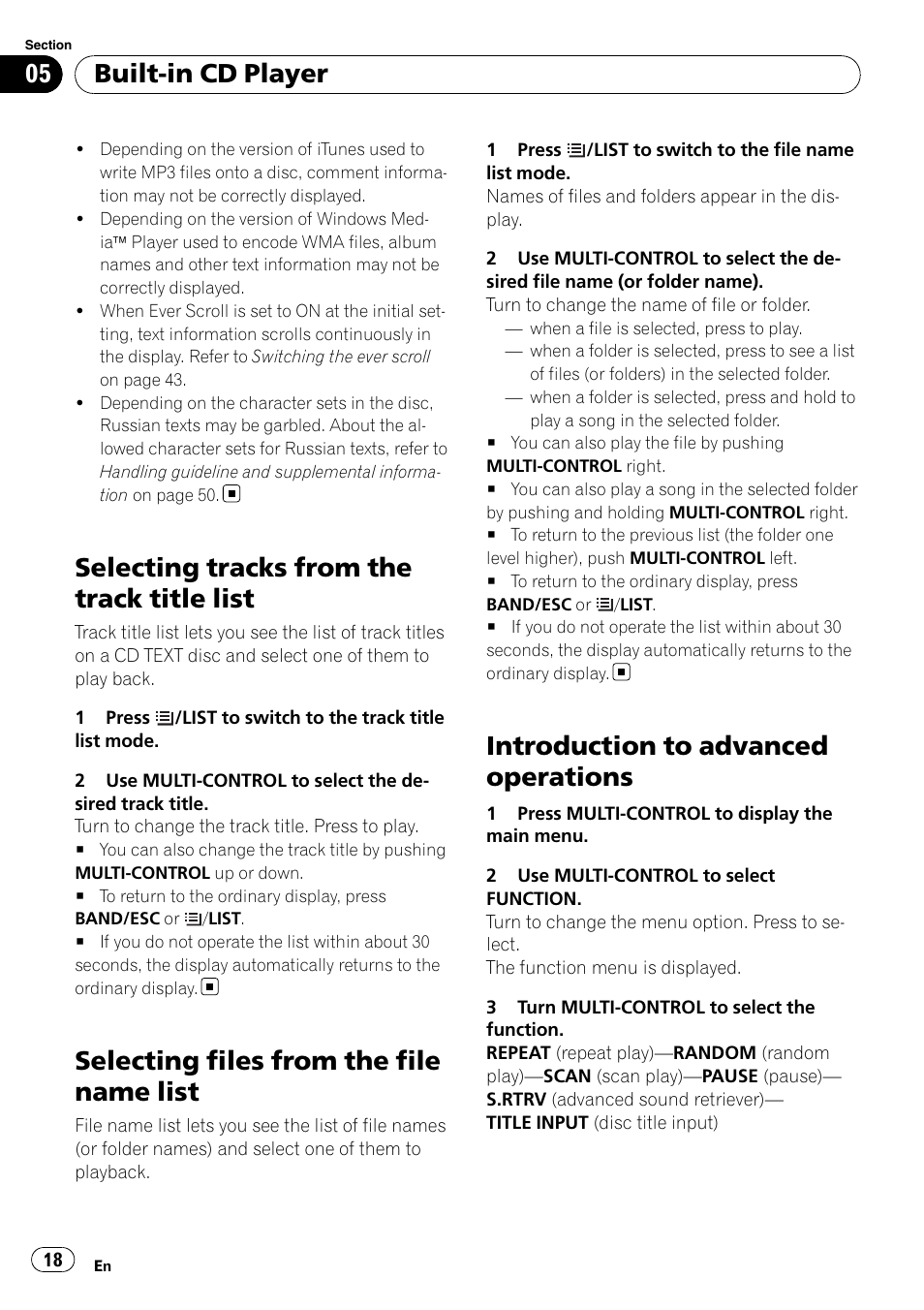 Selecting tracks from the track title list, Selecting files from the file name list, Introduction to advanced operations | Built-in cd player | Pioneer DEH-6100BT User Manual | Page 18 / 56