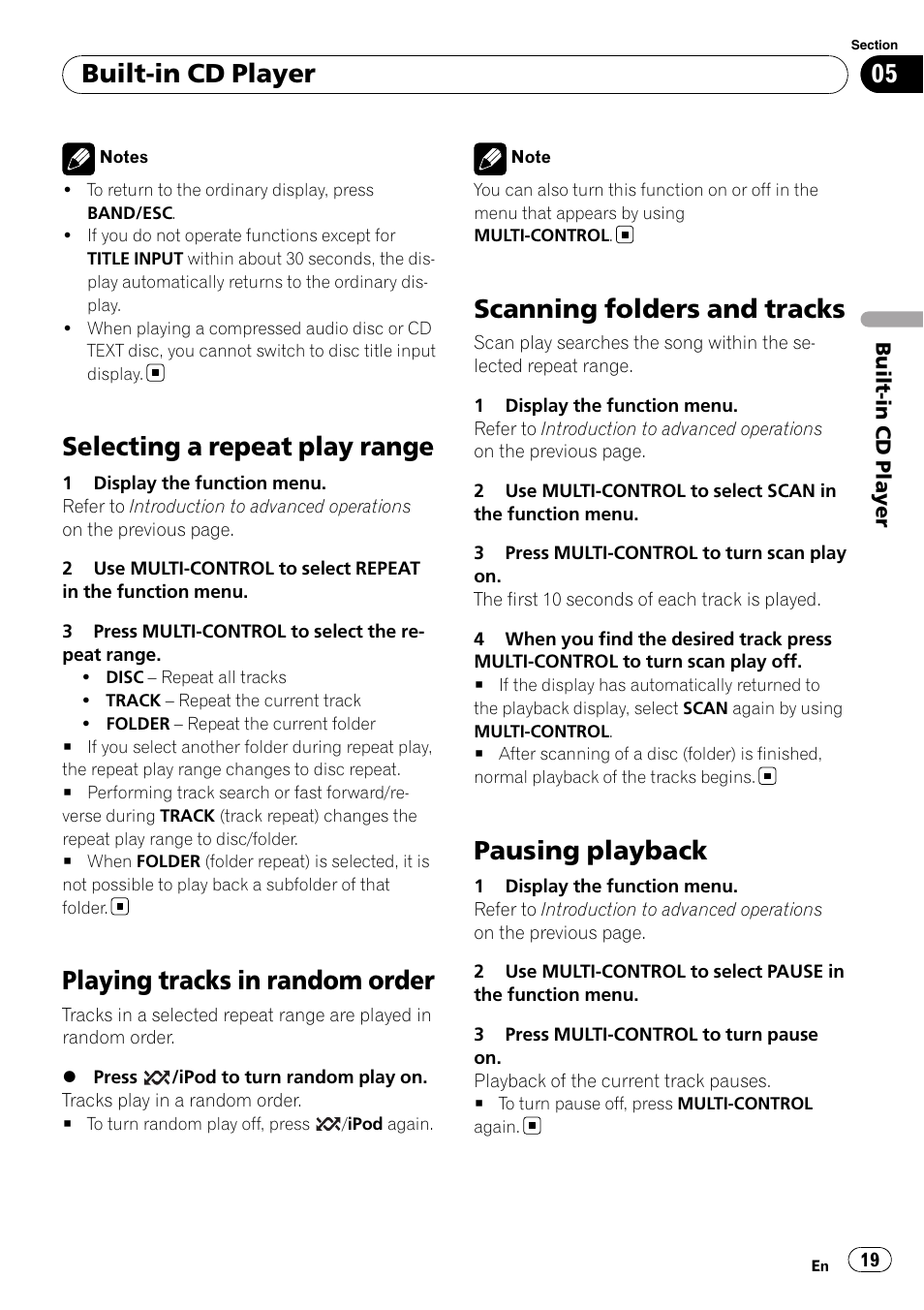 Selecting a repeat play range, Playing tracks in random order, Scanning folders and tracks | Pausing playback, Built-in cd player | Pioneer DEH-6100BT User Manual | Page 19 / 56