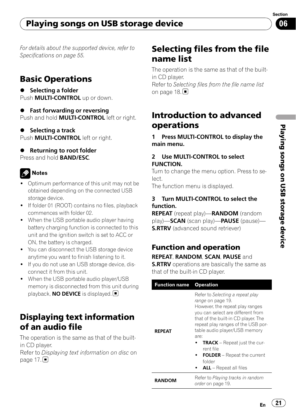 Displaying text information of an audio, File, Selecting files from the file name list | Introduction to advanced operations, Function and operation 21, Basic operations, Displaying text information of an audio file, Playing songs on usb storage device, Function and operation | Pioneer DEH-6100BT User Manual | Page 21 / 56