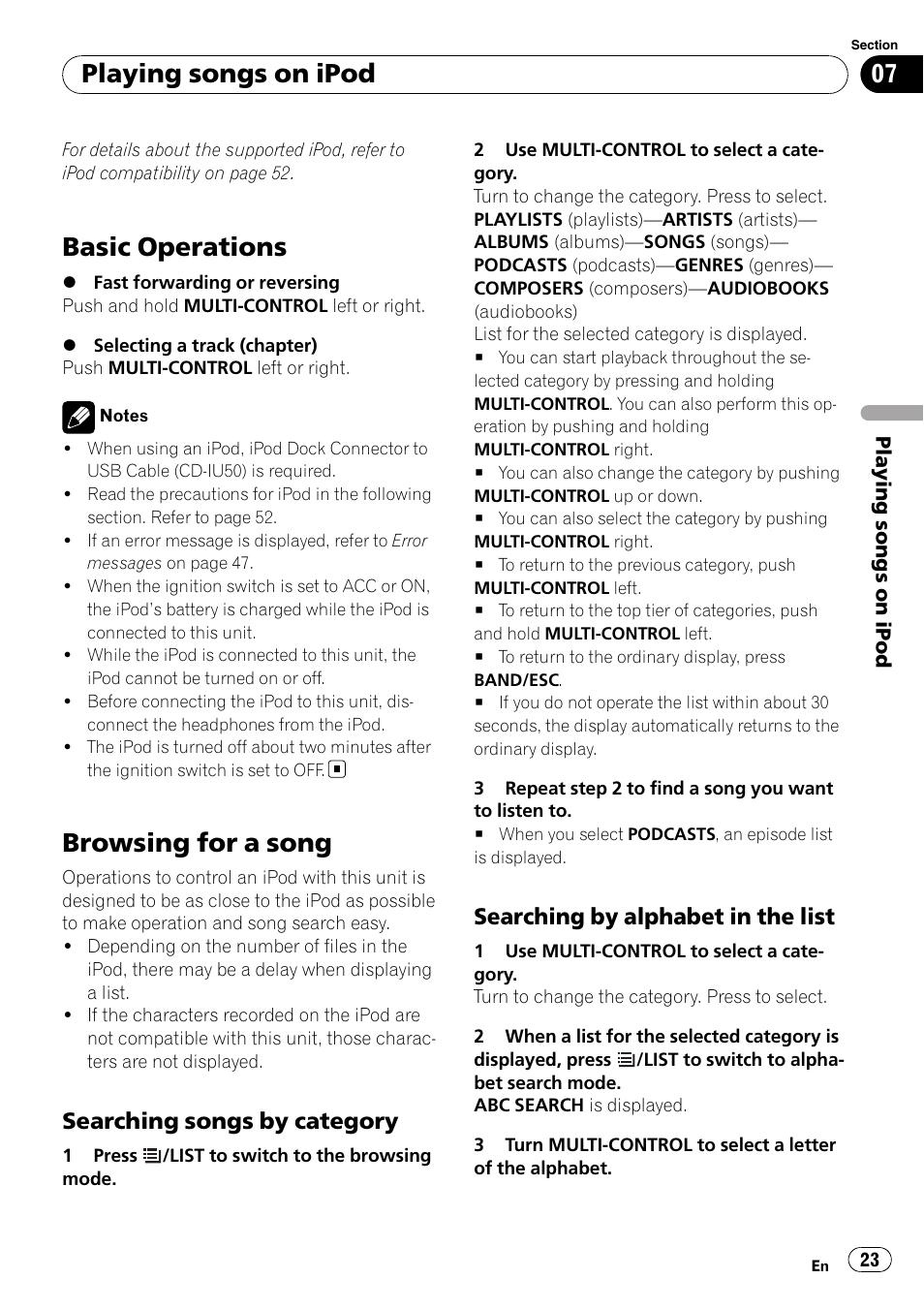 Playing songs on ipod basic operations, Browsing for a song, Searching songs by category 23 | Searching by alphabet in the list 23, Basic operations, Playing songs on ipod, Searching songs by category, Searching by alphabet in the list | Pioneer DEH-6100BT User Manual | Page 23 / 56